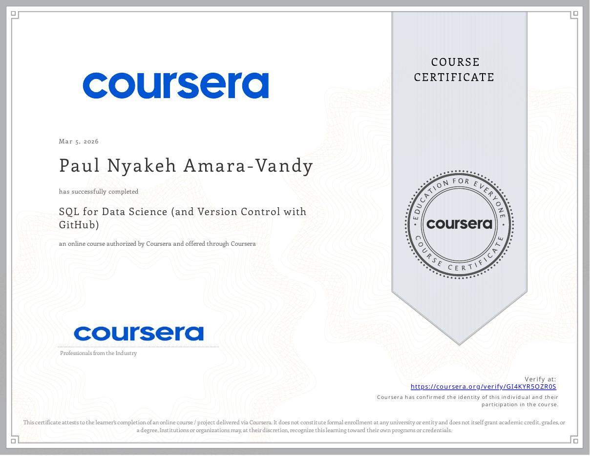 SQL for Data Science & Version Control with GitHub certificate