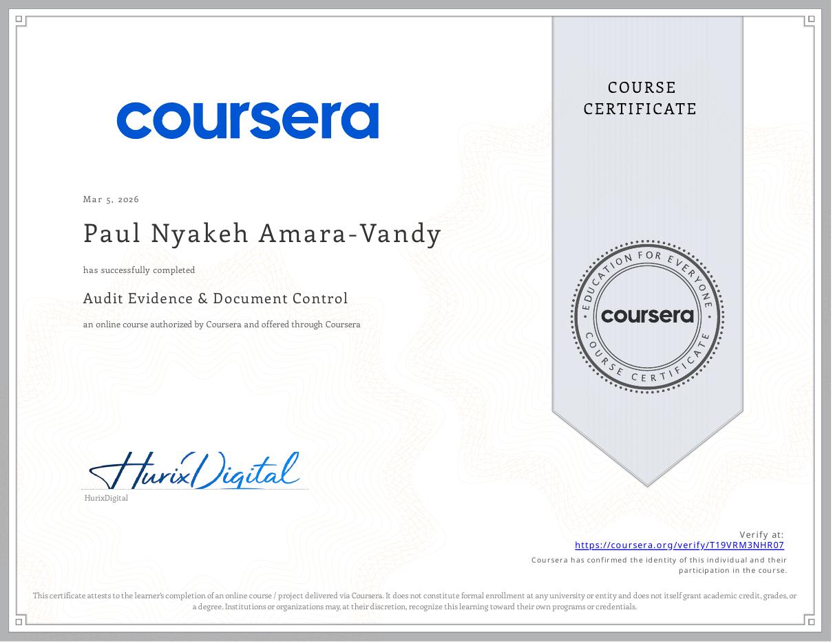 Audit Evidence & Document Control certificate