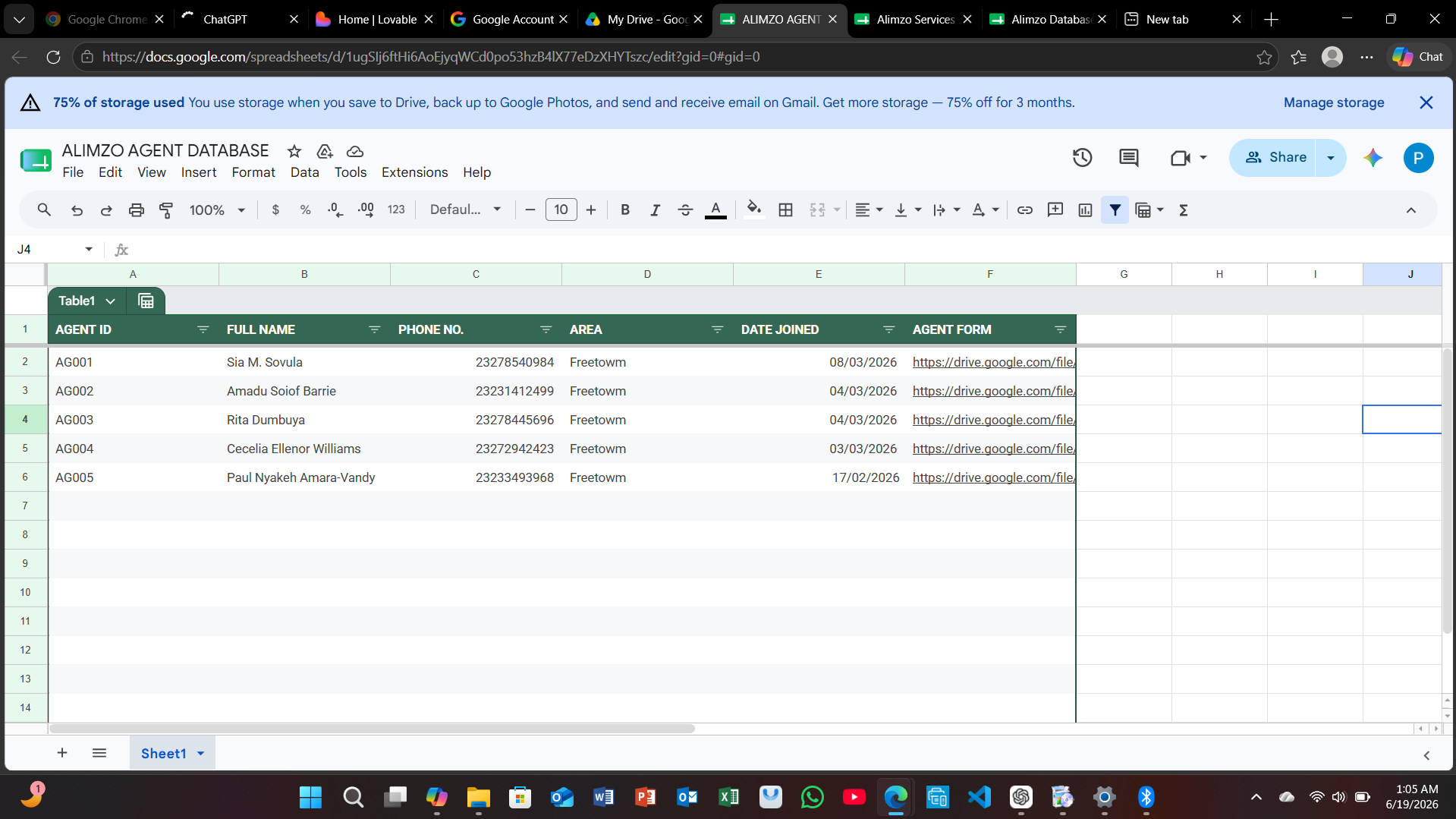 Alimzo Services — Agent Database screenshot